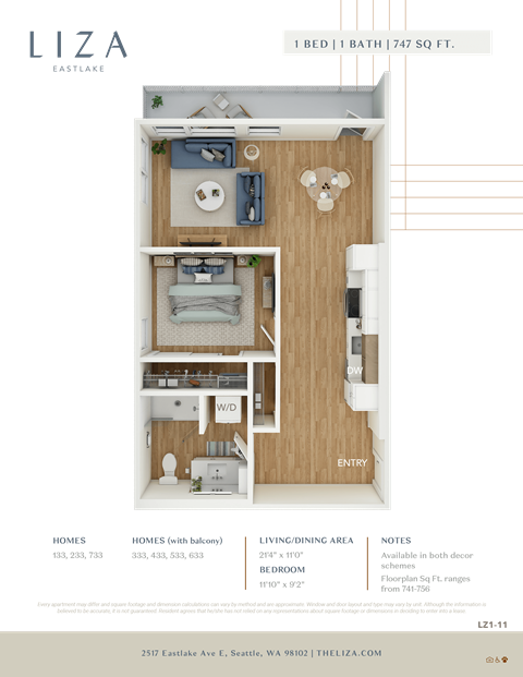 Liza Apartment 3D floor plan - 1x1 747 sqft